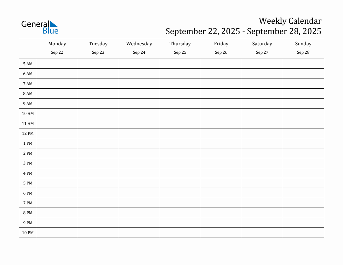 Weekly Calendar with Time Slots Week of September 22, 2025