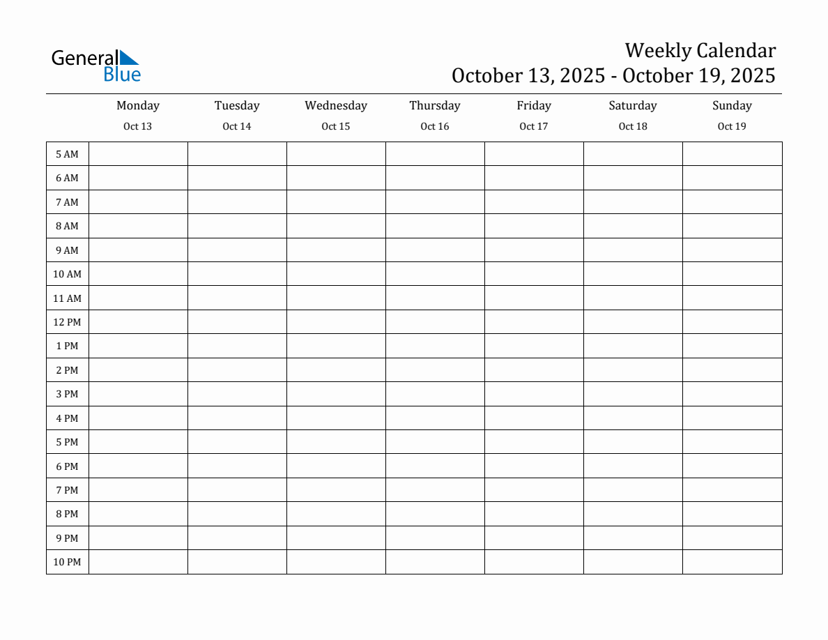 Weekly Calendar with Time Slots Week of October 13, 2025