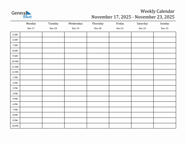 Weekly Calendar with Monday Start for Week 47 (November 17, 2025 to