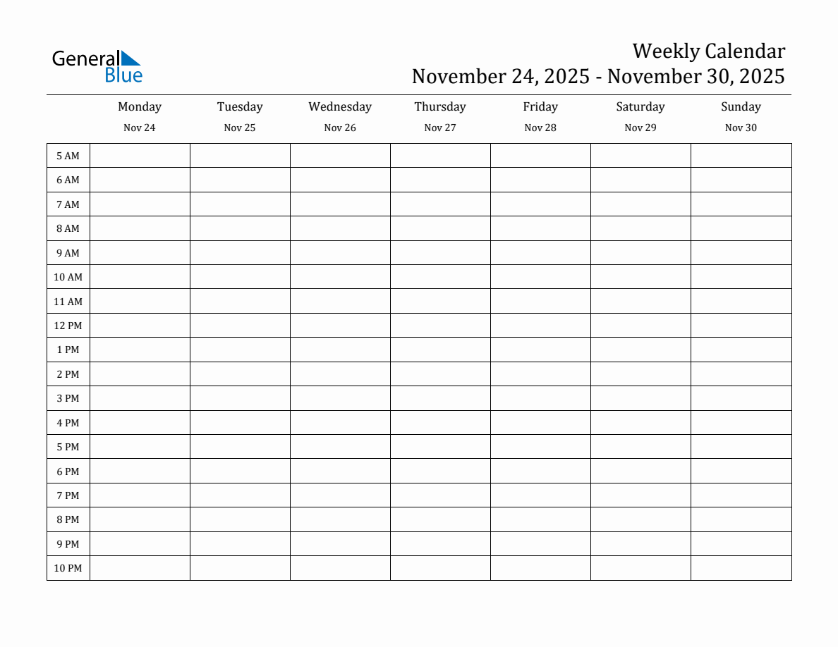 Weekly Calendar with Time Slots Week of November 24, 2025