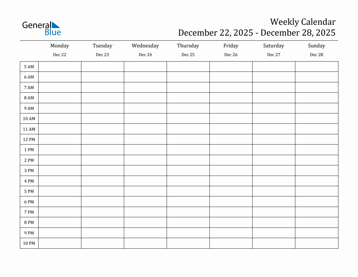 Weekly Calendar with Time Slots Week of December 22, 2025