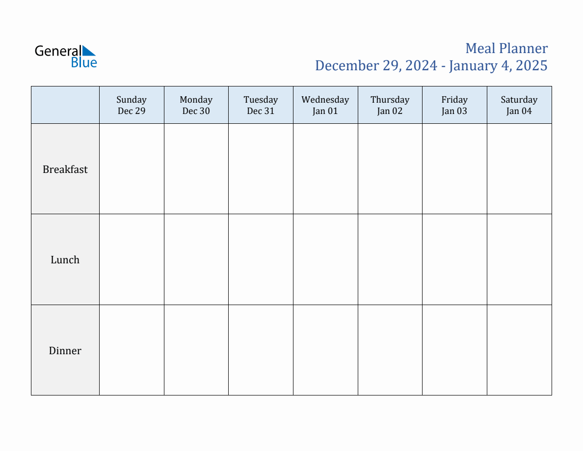 Weekly Meal Planner for Week 1 of 2025