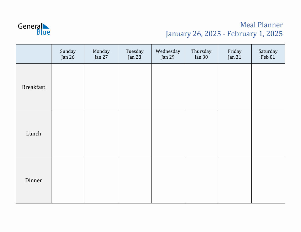 Weekly Meal Planner for Week 5 of 2025