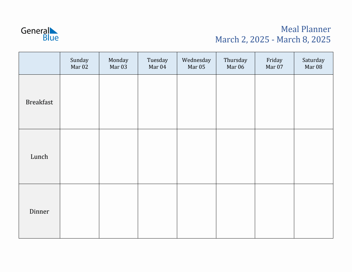 Weekly Meal Planner for Week 10 of 2025