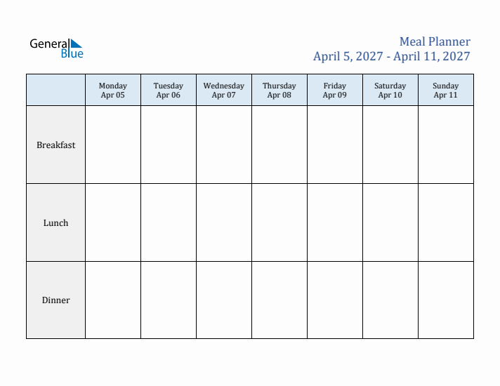 Weekly Meal Planner (Week 14 of 2027)