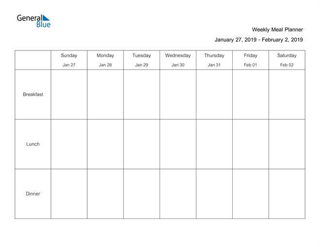 Weekly Calendar January 27 2019 To February 2 2019