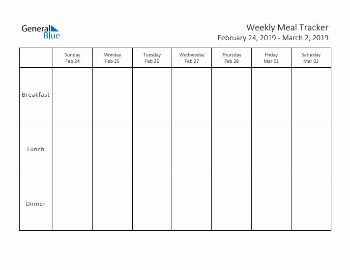 Weekly Printable Meal Tracker for February 2019