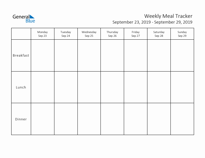 Weekly Printable Meal Tracker for September 2019