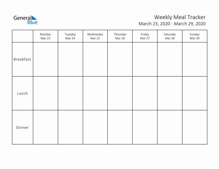 Weekly Printable Meal Tracker for March 2020