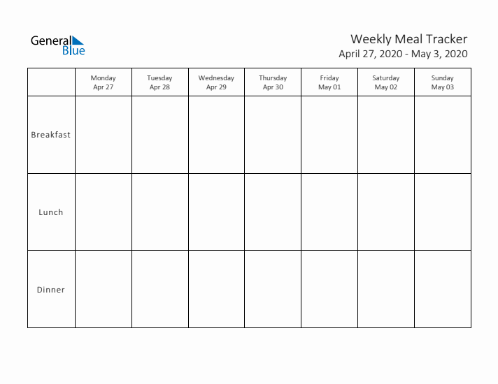 Weekly Printable Meal Tracker for April 2020