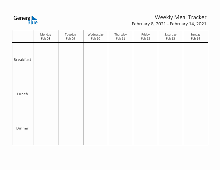 Weekly Printable Meal Tracker for February 2021