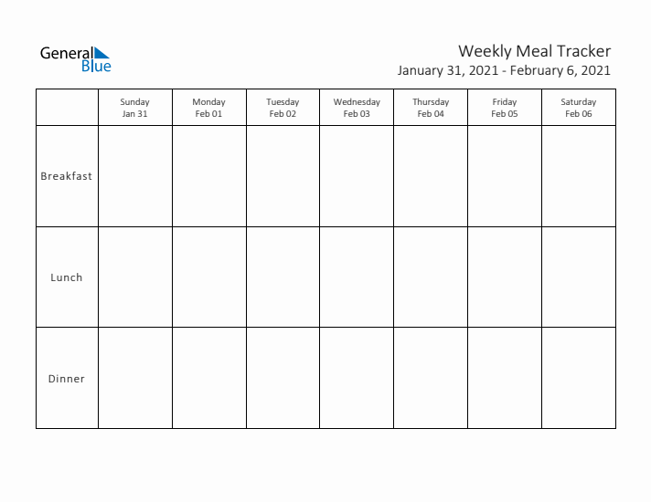 Weekly Printable Meal Tracker for January 2021