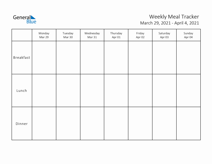 Weekly Printable Meal Tracker for March 2021