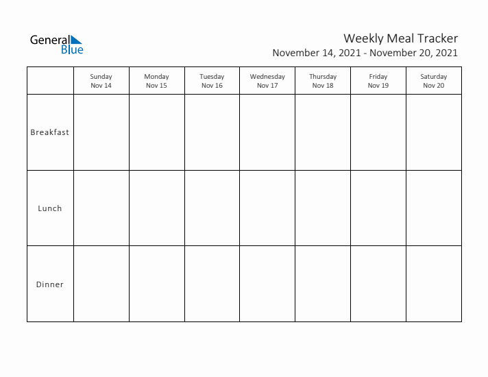 Weekly Printable Meal Tracker for November 2021