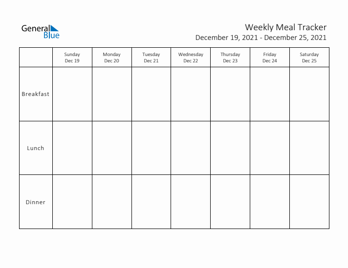 Weekly Printable Meal Tracker for December 2021