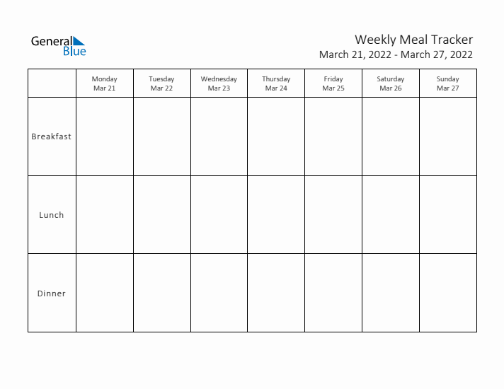 Weekly Printable Meal Tracker for March 2022