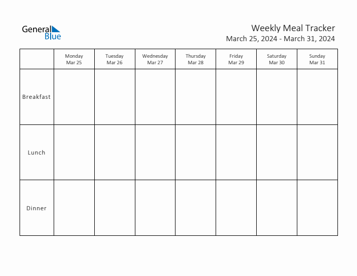 Weekly Calendar with Monday Start for Week 13 (March 25, 2024 to March