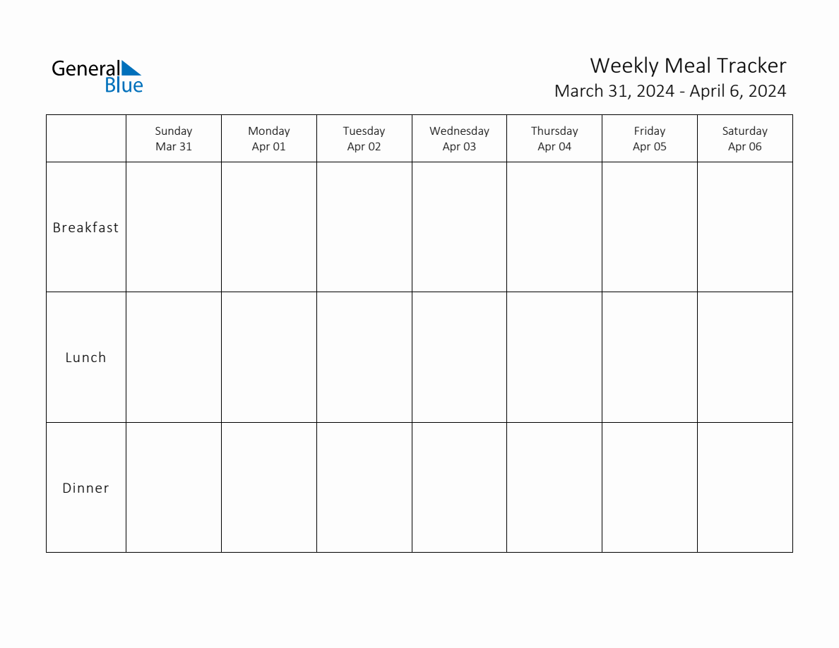 Weekly Printable Meal Tracker for the Week of March 31, 2024 (Sunday Start)