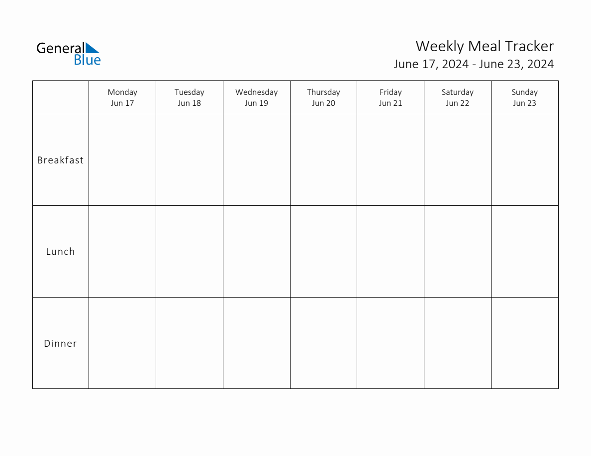 Weekly Printable Meal Tracker for the Week of June 17, 2024 (Monday Start)