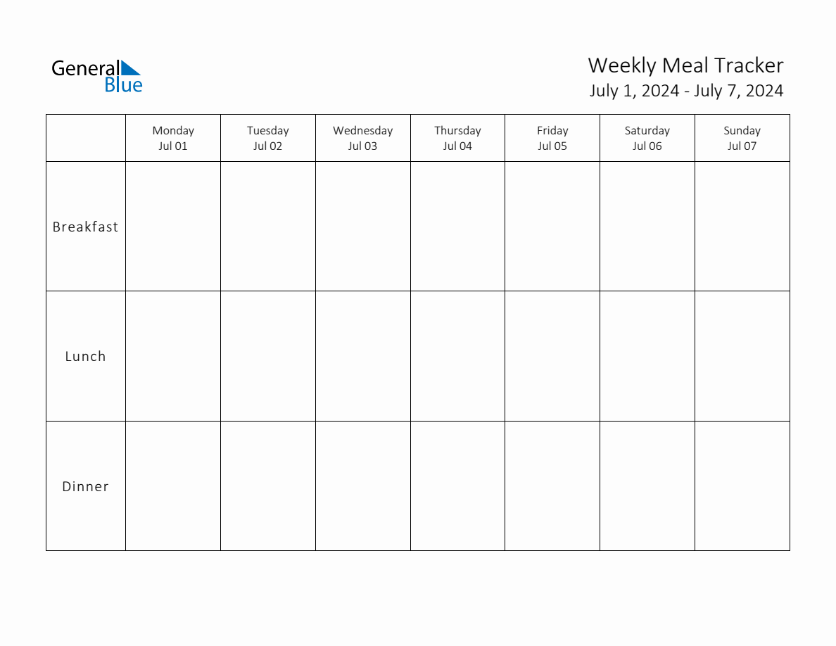 Weekly Printable Meal Tracker for the Week of July 1, 2024 (Monday Start)