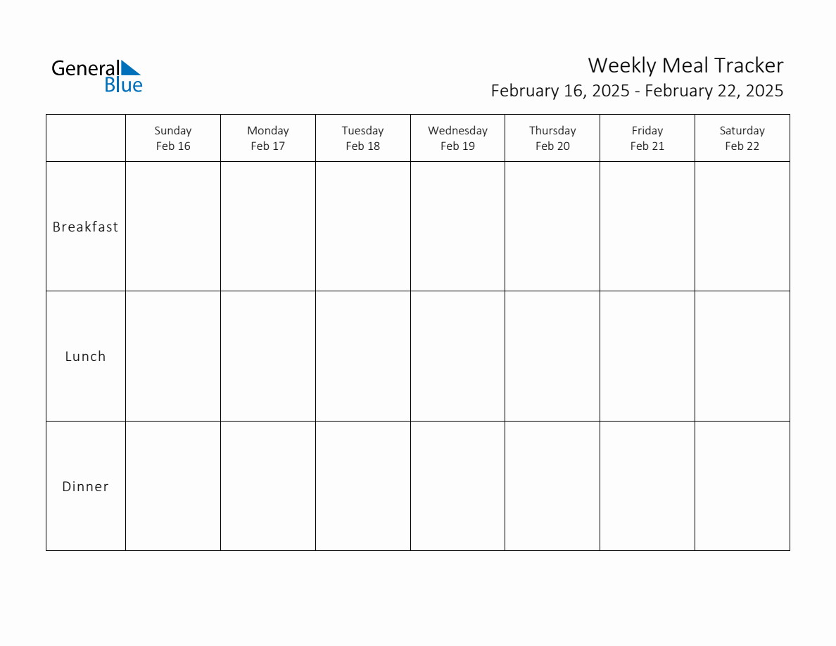 Weekly Printable Meal Tracker for the Week of February 16, 2025 (Sunday