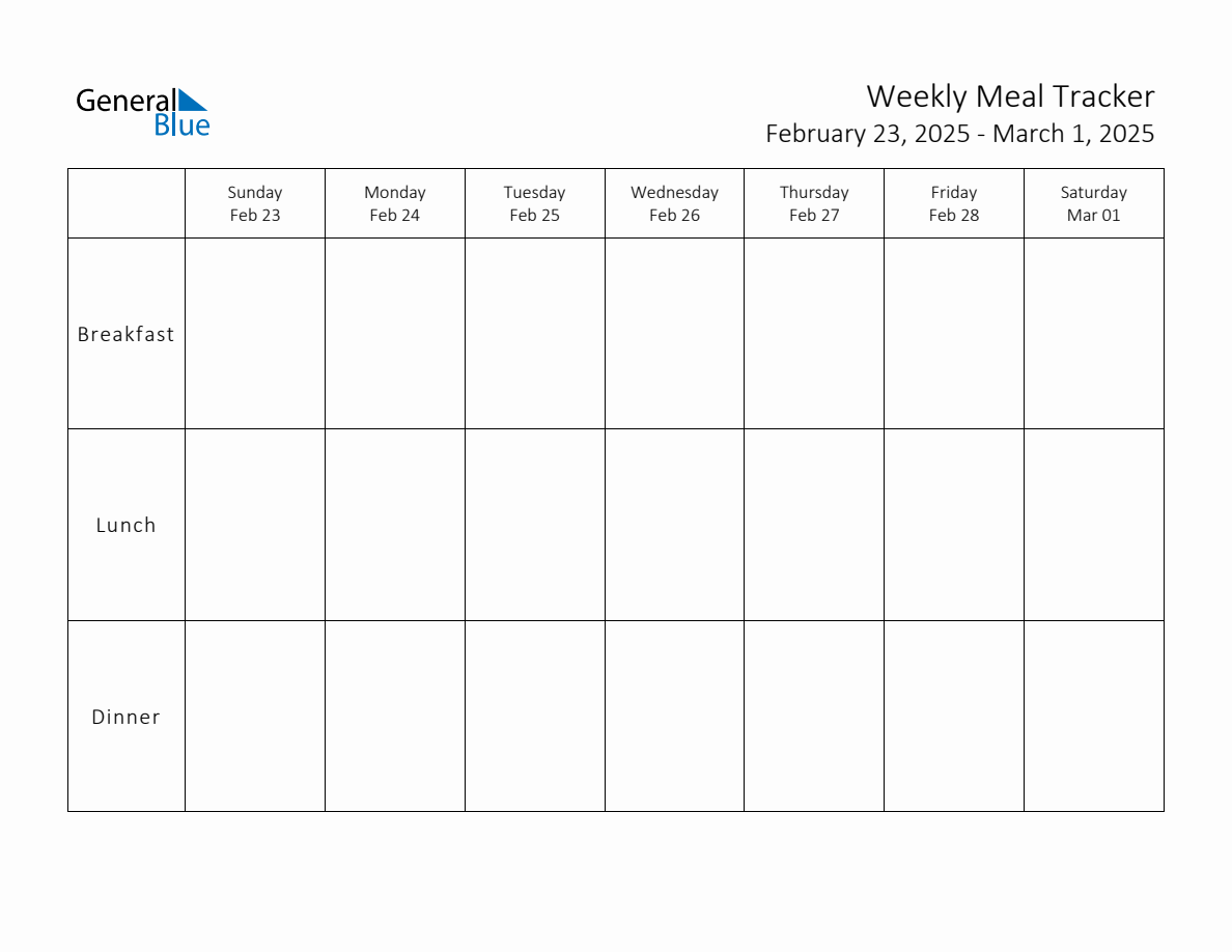 Weekly Printable Meal Tracker for the Week of February 23, 2025 (Sunday