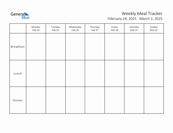 Weekly Printable Meal Tracker for February 2025