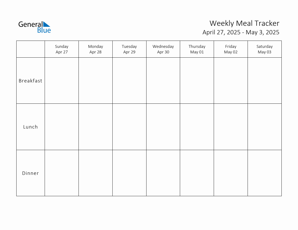 Weekly Printable Meal Tracker for the Week of April 27, 2025 (Sunday Start)