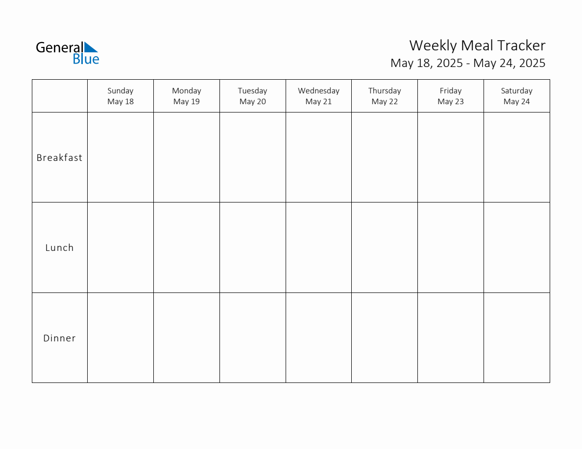 Weekly Printable Meal Tracker for the Week of May 18, 2025 (Sunday Start)