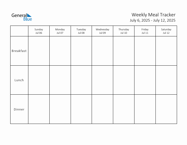 Weekly Printable Meal Tracker for July 2025