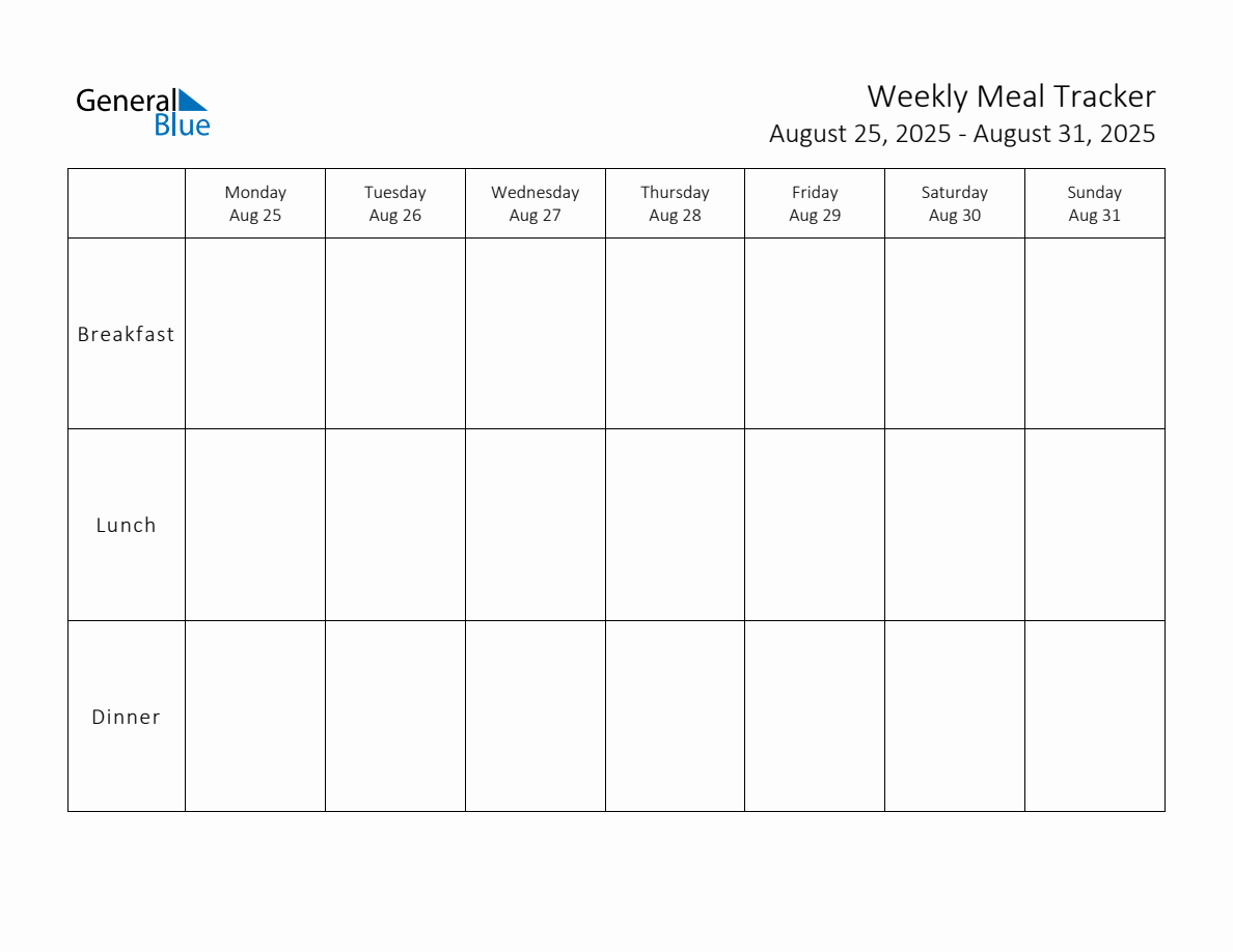 Weekly Printable Meal Tracker for the Week of August 25, 2025 (Monday