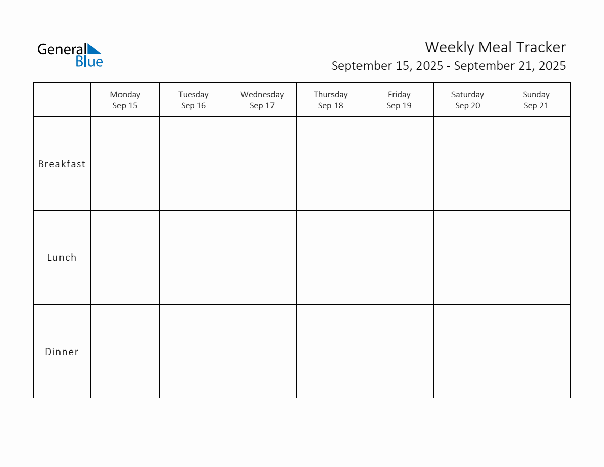 Weekly Printable Meal Tracker for the Week of September 15, 2025