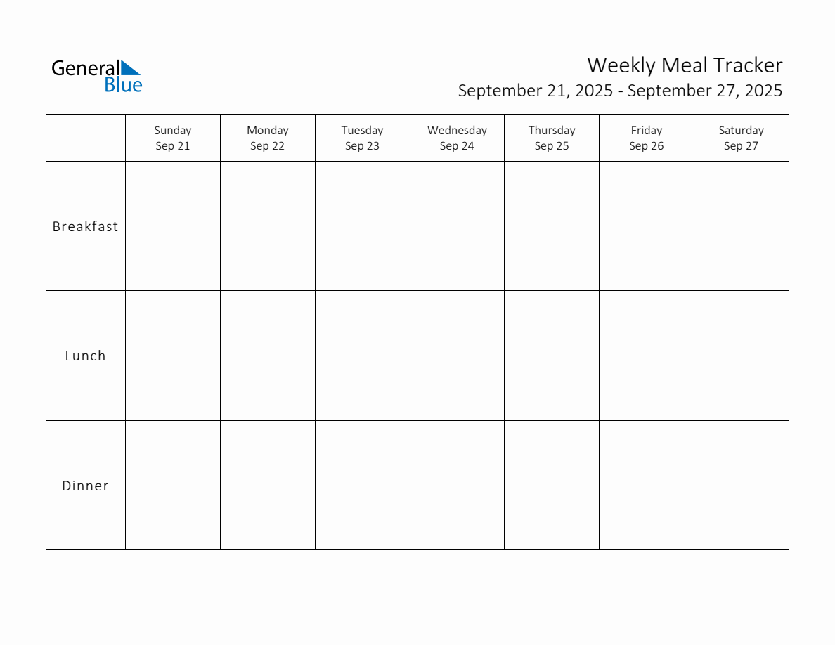 Weekly Printable Meal Tracker for the Week of September 21, 2025