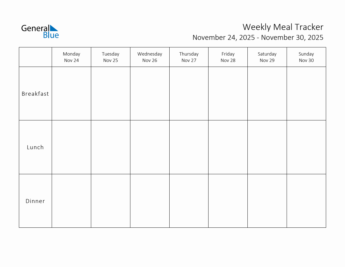 Weekly Printable Meal Tracker for the Week of November 24, 2025 (Monday