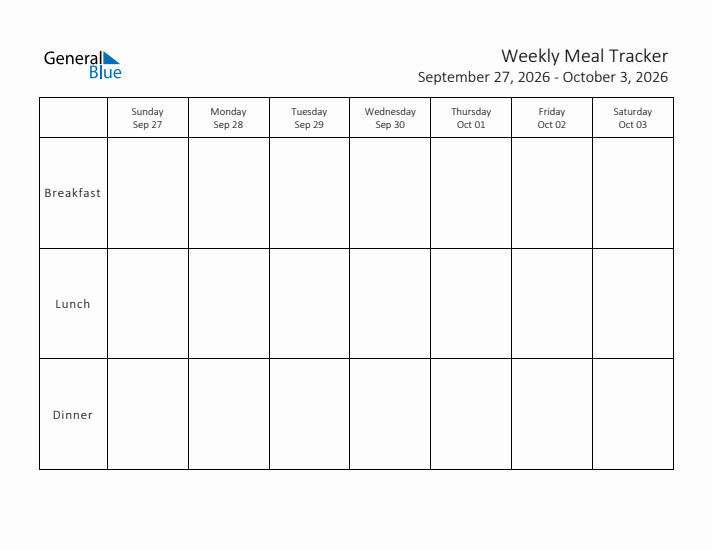 Weekly Printable Meal Tracker for September 2026