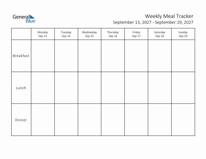 Weekly Printable Meal Tracker for September 2027