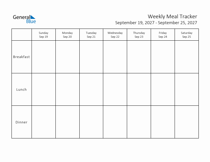 Weekly Printable Meal Tracker for September 2027