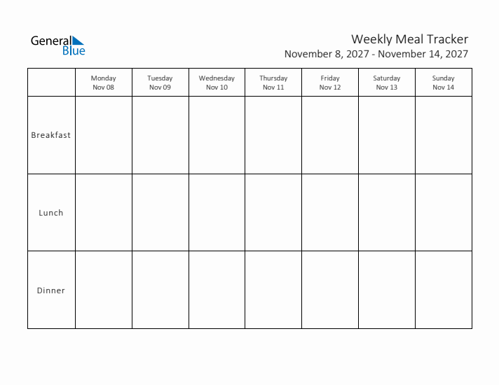 Weekly Printable Meal Tracker for November 2027
