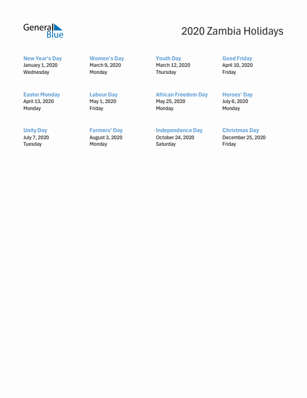 Free printable list of Zambia holidays for year 2020