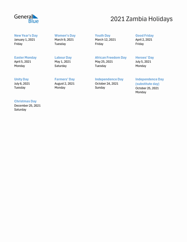 Free printable list of Zambia holidays for year 2021