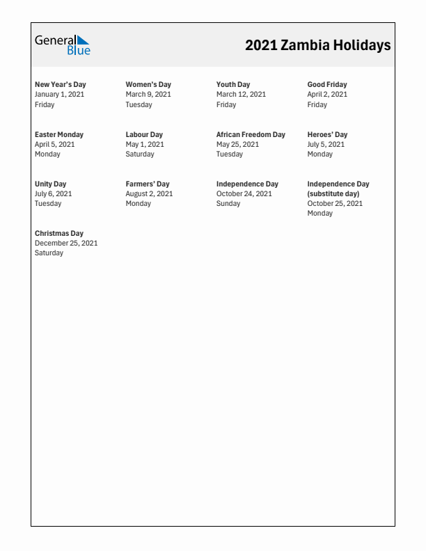 Free printable list of Zambia holidays for year 2021