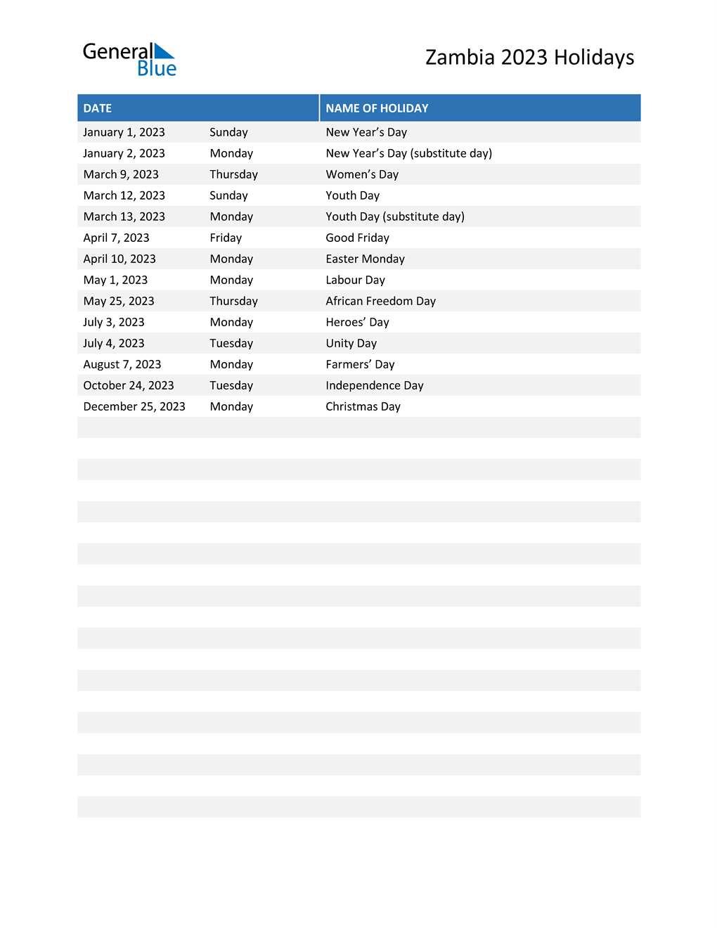 2023 Calendar Zambia Zambia Holidays 2023 In Pdf Word And Excel