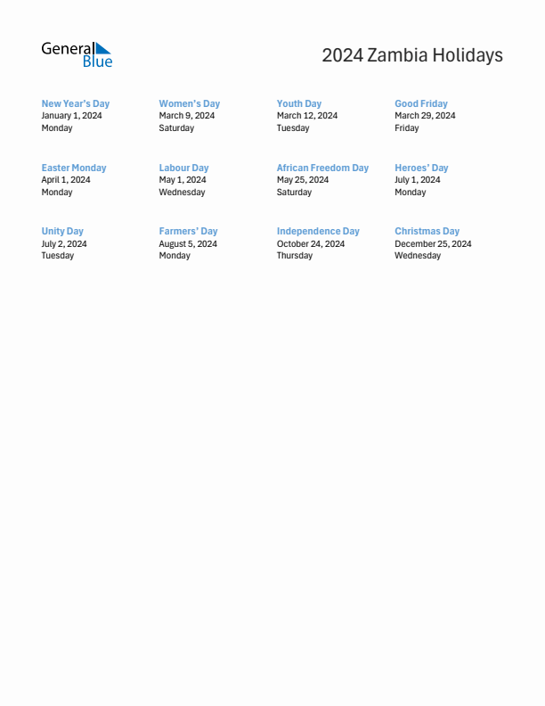 Free printable list of Zambia holidays for year 2024