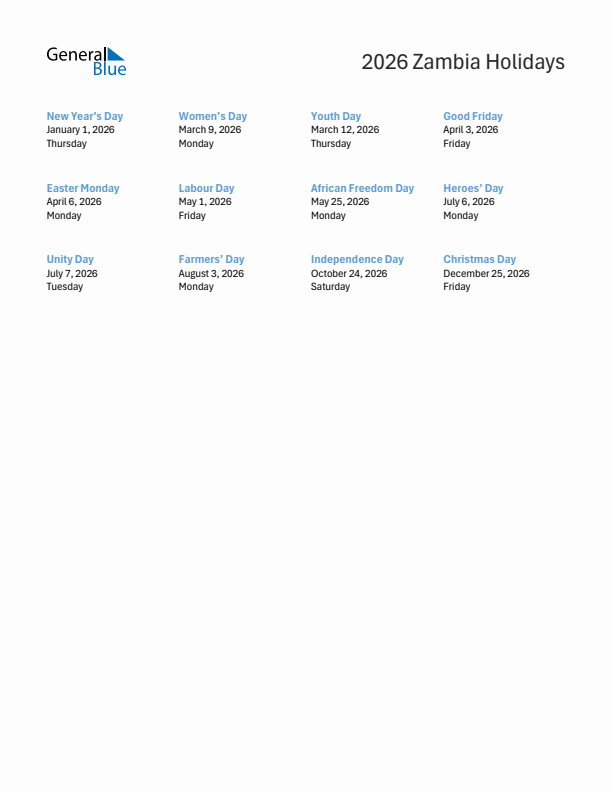 Free printable list of Zambia holidays for year 2026