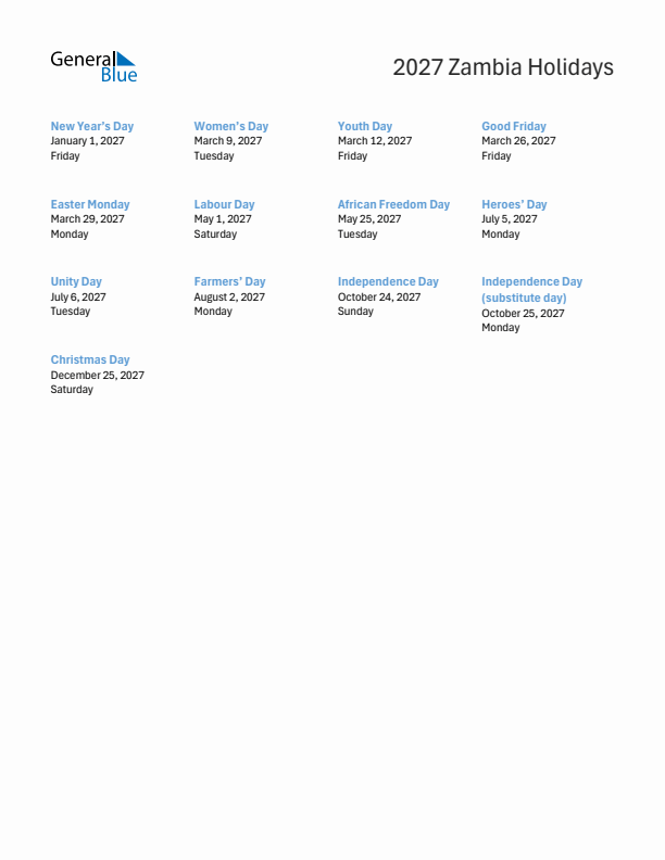 Free printable list of Zambia holidays for year 2027
