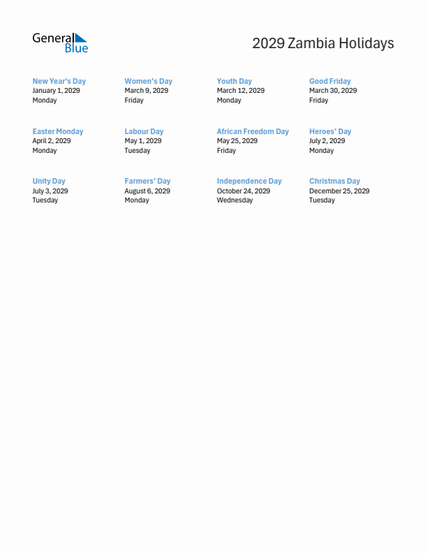 Free printable list of Zambia holidays for year 2029