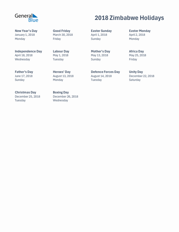 Free printable list of Zimbabwe holidays for year 2018