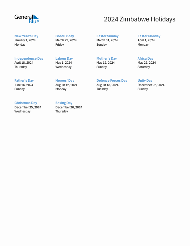 Free printable list of Zimbabwe holidays for year 2024