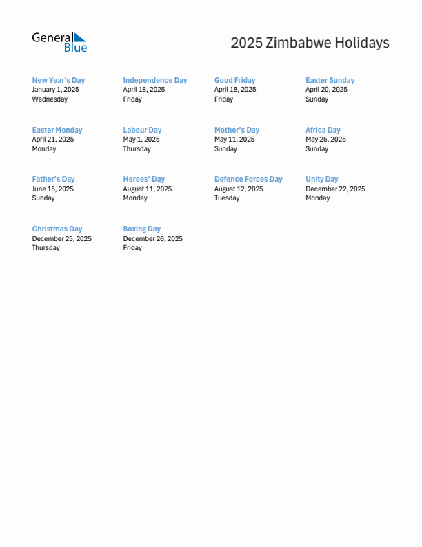 Free printable list of Zimbabwe holidays for year 2025