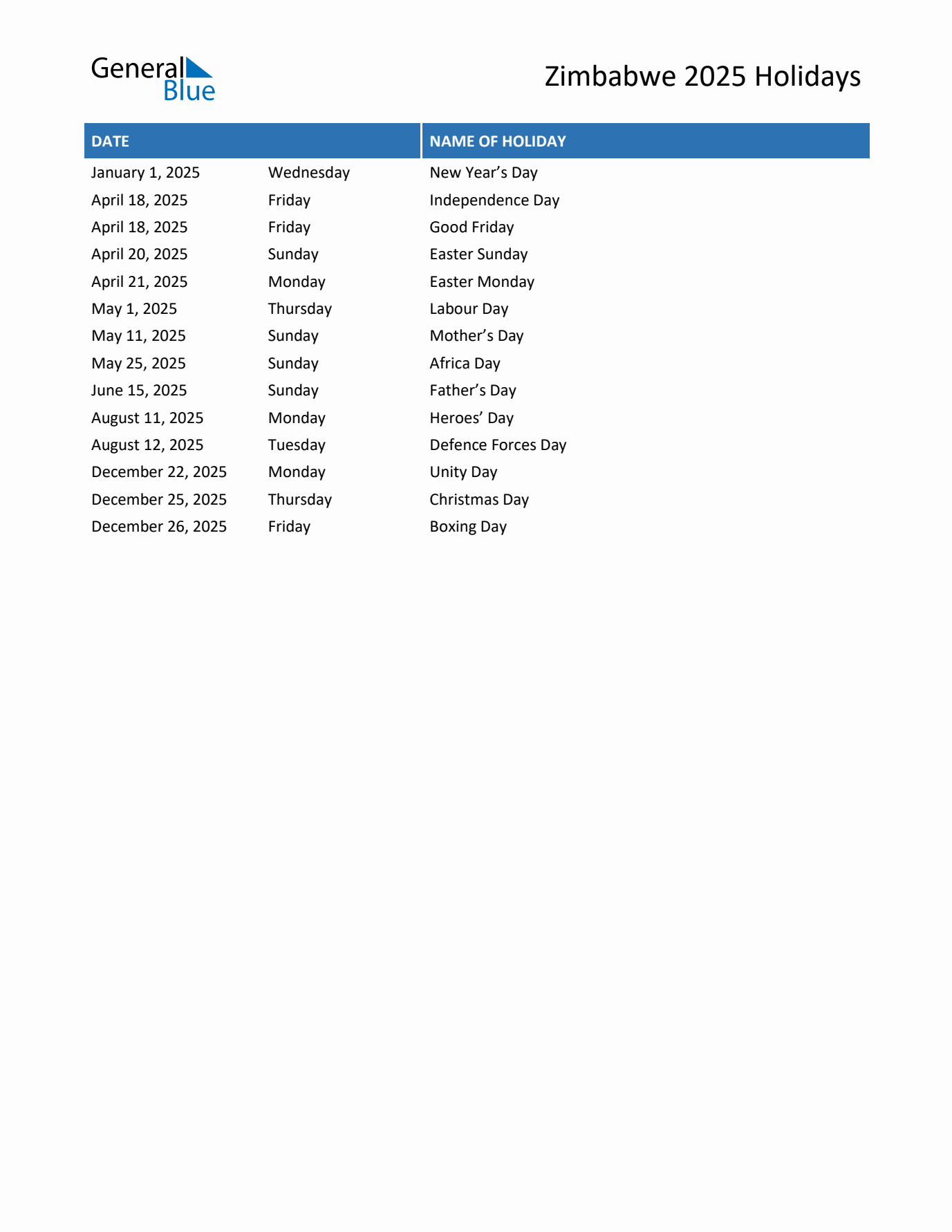 2025 Zimbabwe List of Holidays in PDF, Word, and Excel